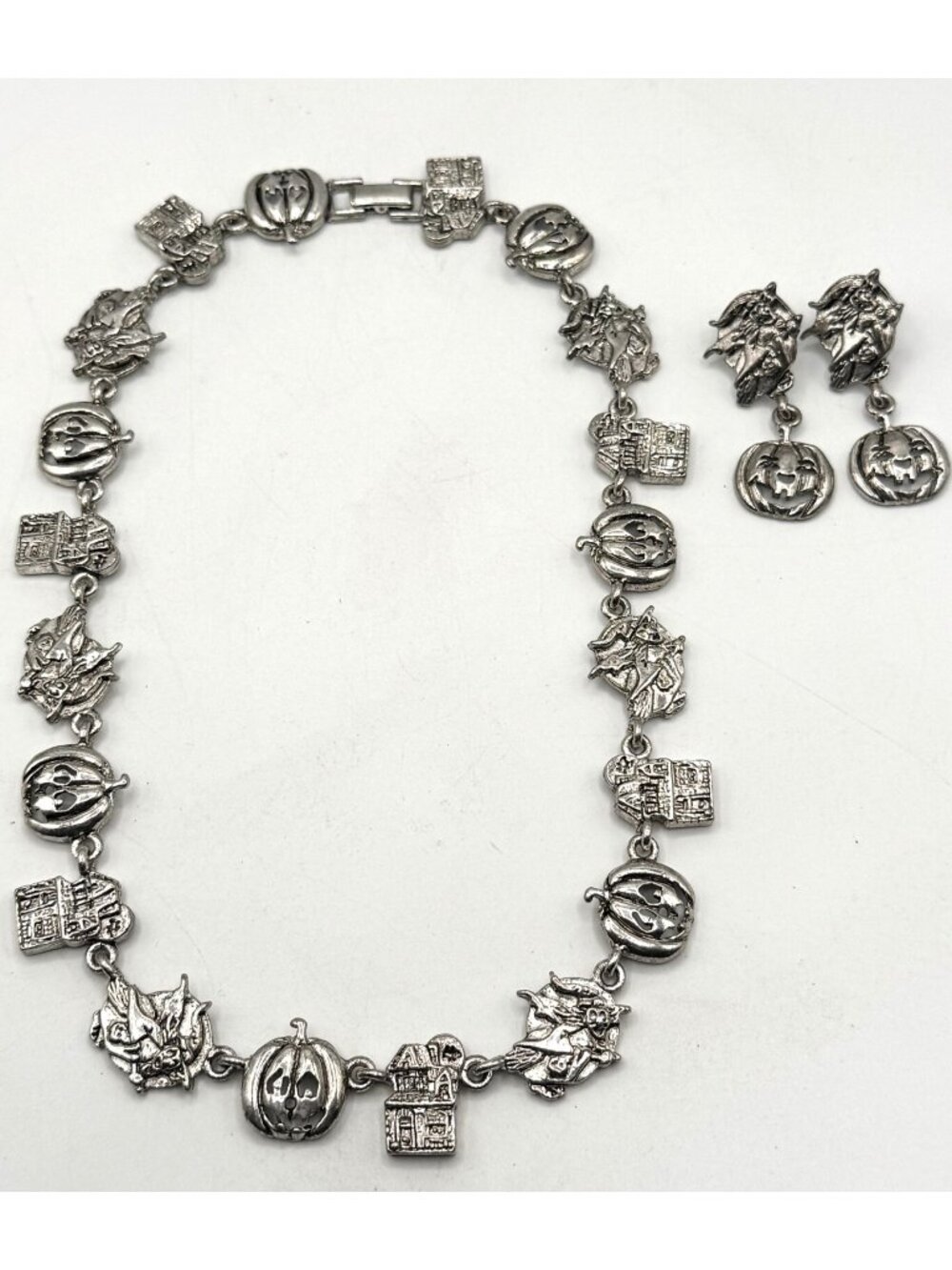 Halloween silver ghost pumpkin charm necklace and earrings set